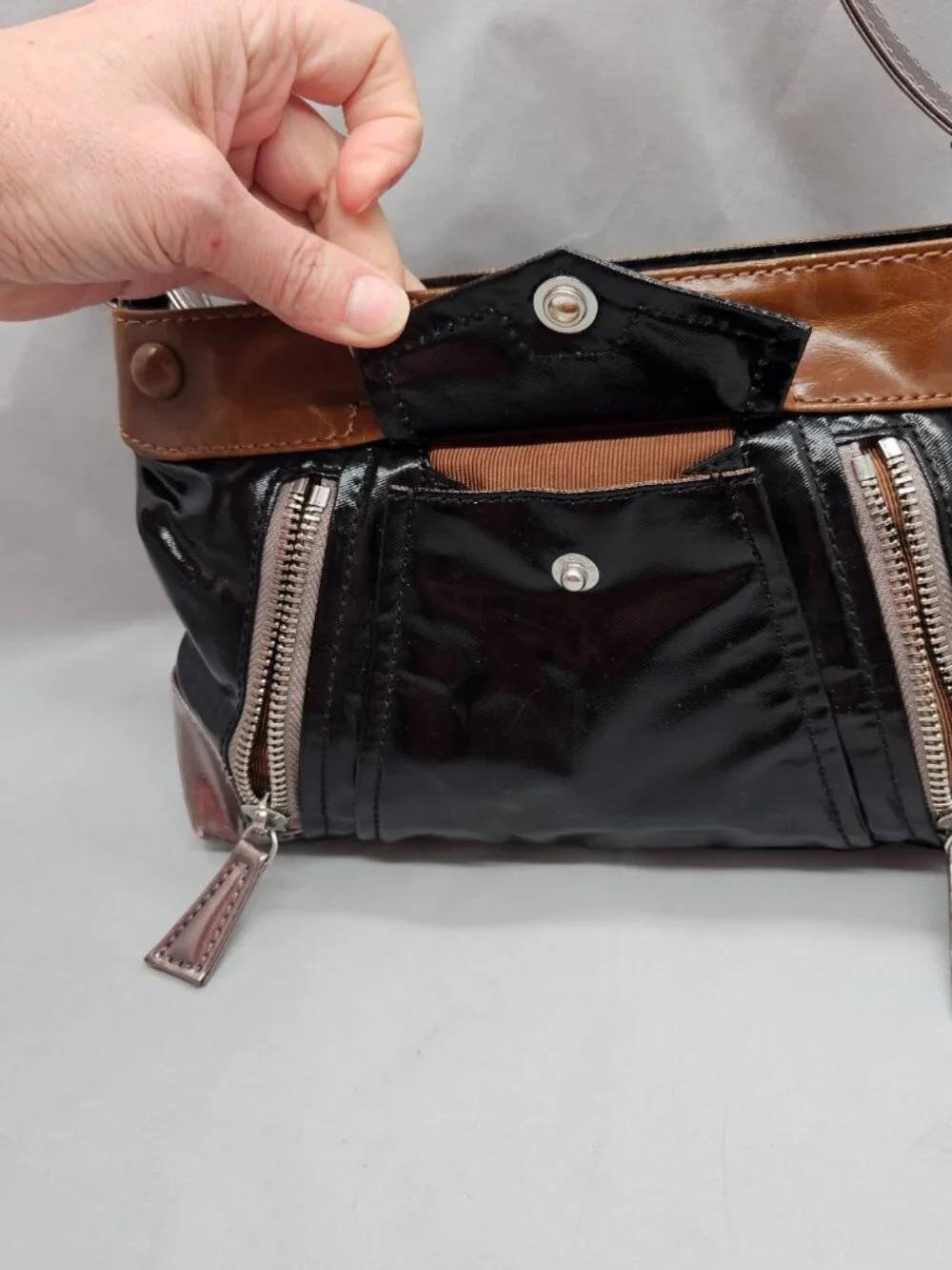 Kate Landry Vinyl Shoulder Bag Black Brown Small Hobo Purse Shiny Y2K 90s